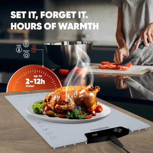 Miniatura 7 de BREETEE Tapete eléctrico para calentar alimentos – Tapete de calefacción de silicona para alimentos con 9 niveles de temperatura – Tapete de Blanco