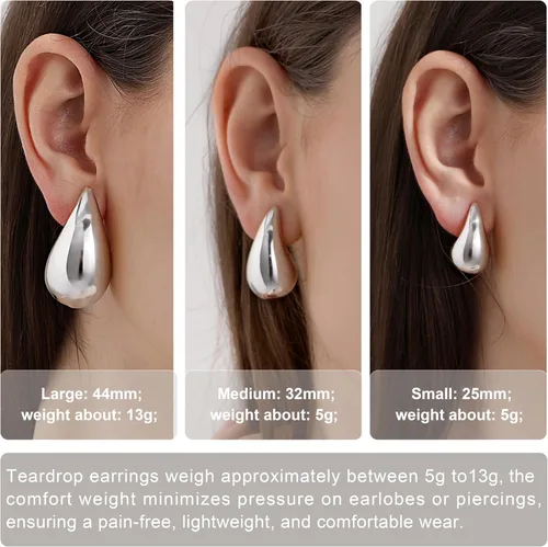 Miniatura 2 de Aretes de aro gruesos de oro para mujer, aretes ligeros de lágrima de plata de ley 925, aretes grandes chapados en oro, aretes de gota de agua
