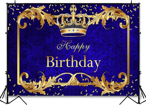 Miniatura 4 de Avezano Telón de fondo de fiesta de cumpleaños de príncipe para niño, corona de rey azul real y dorado, decoración de fiesta, fondo de fotografía