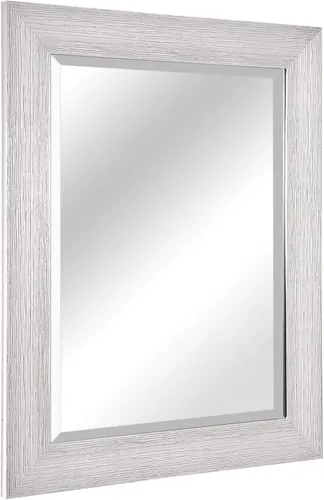 Head West Espejo de pared con marco biselado texturizado de grano de madera cromado y blanco, espejos de pared rectangulares decorativos para