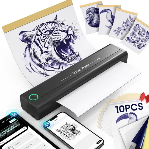 Impresora inalámbrica de plantillas de tatuaje 2025 con 10 piezas de papel de transferencia, máquina impresora de tatuajes para artistas de tatuajes