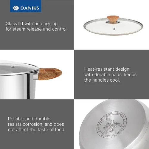 Miniatura 5 de Daniks Oslo - Juego de 6 utensilios de cocina de acero inoxidable con tapas de vidrio, bases de tres capas para calefacción uniforme, compatible