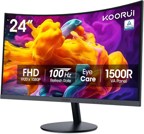KOORUI - Monitor curvo de 24 pulgadas para juegos, R1500, Full HD, 1080P, monitor de 75 Hz, HDMI, VGA, ajuste de inclinación, monitor LCD,