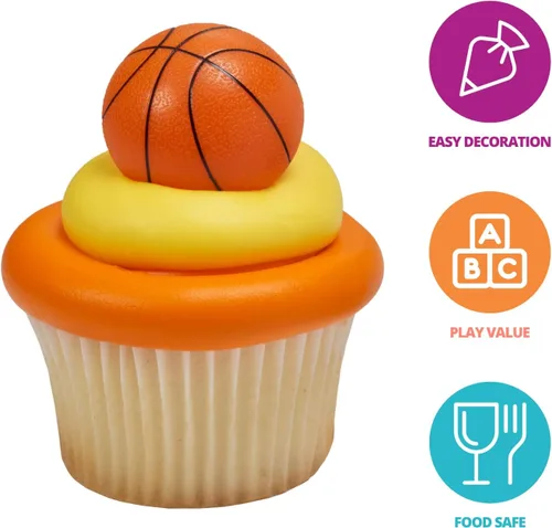 Miniatura 3 de DecoPac Anillos 3D de baloncesto, decoraciones para cupcakes, toppers para pasteles aptos para alimentos – Paquete de 24
