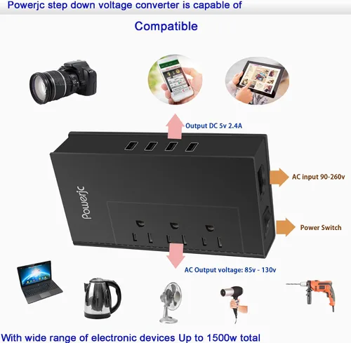 Miniatura 4 de Adaptador de corriente reductor de viaje convertidor de voltaje de 220 V a 110 V 1500 W con 4 puertos USB inteligente de carga para secador de pelo