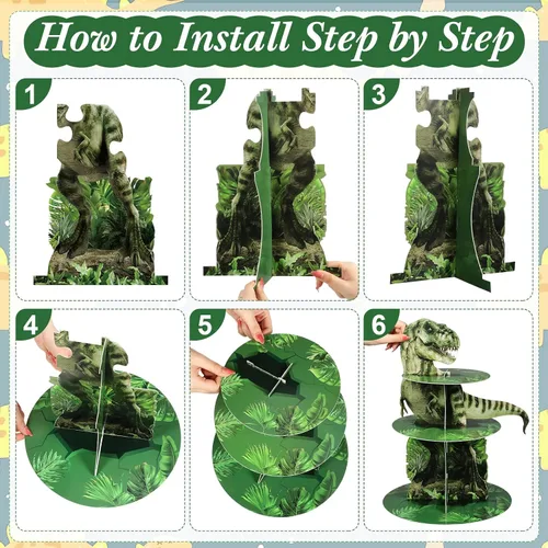 Miniatura 3 de Censen Soporte para cupcakes de dinosaurio de 3 niveles, decoración de fiesta, 24 piezas, figuras de dinosaurio, juguetes para cupcakes, torre