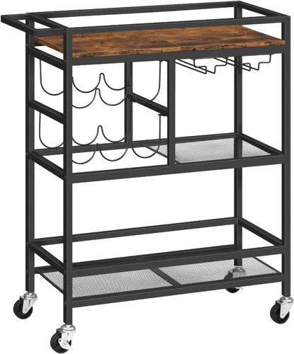 MAHANCRIS Carrito de bar para el hogar, carrito de servicio de 3 niveles con ruedas y asa, carrito de bebidas con estante para vino y soportes para