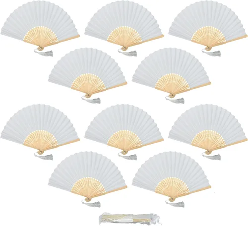 Miniatura 12 de Paquete de 10 abanicos plegables de mano de papel con borla y varillas de bambú de grado A para mujeres y niñas, regalo de fiesta de verano, Azul