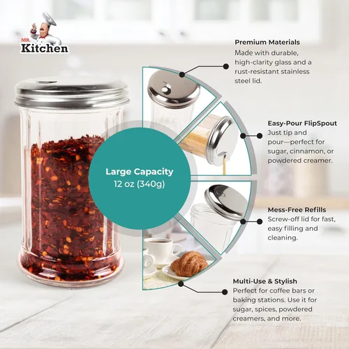 Miniatura 2 de Paquete de 2 dispensadores de sal y azúcar – Botes dispensadores de azúcar en polvo – Recipiente de vidrio para azúcar con tapa – Especias, canela