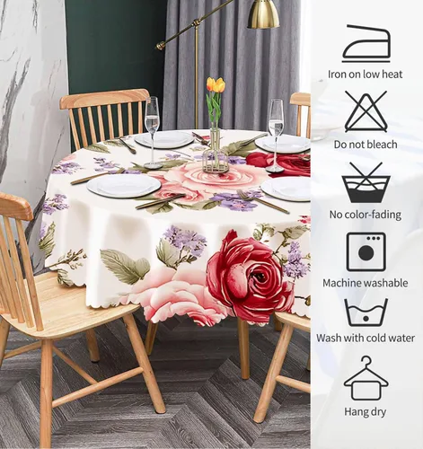 Miniatura 6 de IBILIU Mantel redondo con diseño floral de rosas, flores de acuarela, flores rosas, flores moradas, mantel circular decorativo para cocina