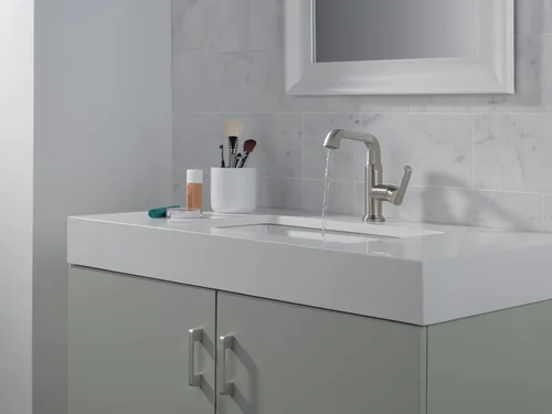 Miniatura 2 de Delta Tetra Lumicoat - Grifo de baño de níquel cepillado de altura media con 1 agujero, grifo de lavabo de baño de un solo orificio para tocador