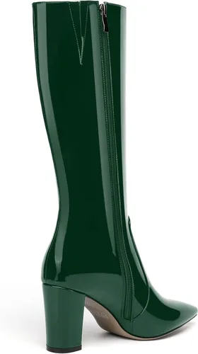 Miniatura 33 de AMBELIGHT Botas altas hasta la rodilla con cremallera y puntera puntiaguda para mujer, de patente sólida, tacón alto, 3.3 pulgadas