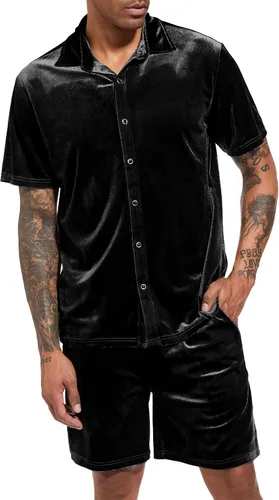 Miniatura 58 de LecGee Conjunto de pantalones cortos casuales de verano para hombre, camisa de terciopelo de manga corta con botones, pantalones cortos de cintura