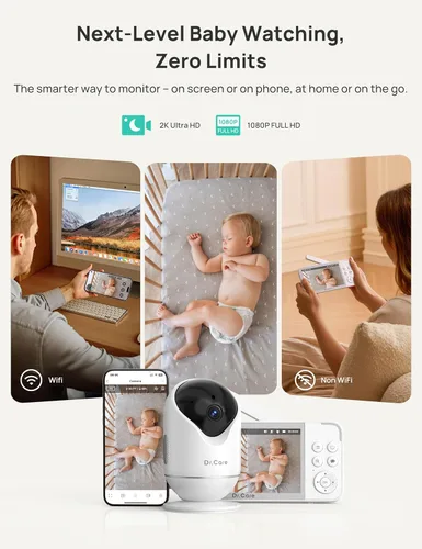 Miniatura 2 de Dr.Care VistaView Monitor inteligente WiFi de 5 pulgadas para bebé, control de aplicación de cámara 2K y pantalla dividida de 1080P, detección
