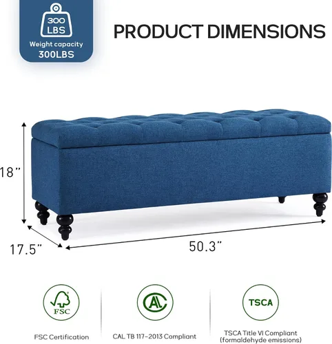 Miniatura 2 de HUIMO Otomana con almacenamiento, banco de tela tapizado azul de 51 pulgadas con diseño de extremo de cama con botones, capacidad de peso de 300