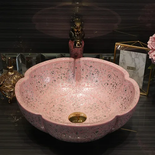 Miniatura 3 de Fregaderos de baño estilo sureste asiático en color rosa, fregadero de cerámica artística para encimera de tocador, sobre encimera plateado