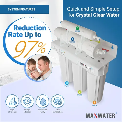 Miniatura 4 de Max Water Sistema de filtración de agua estándar de 5 etapas 100 GPD (galones por día) RO (ósmosis inversa) para trabajo pesado - montaje debajo