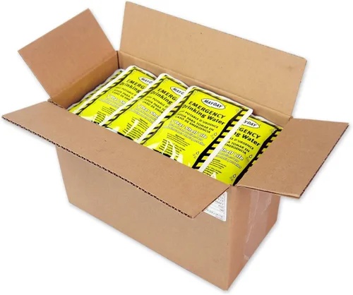 Mayday, caja con bolsas de agua para emergencia (100 unidades). Preparación para casos de emergencia, supervivencia y viajes con mochila a cuestas.