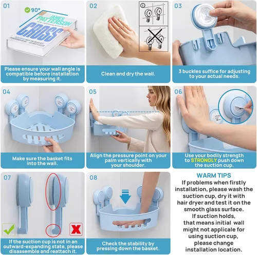 Miniatura 6 de LEVERLOC Organizador esquinero para ducha con ventosa, cesta de ducha potente con ventosa, organizador impermeable y resistente al óxido