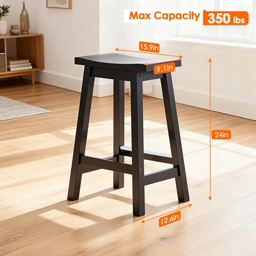 Miniatura 3 de Juego de 2 Taburetes de Bar PayLessHere, Taburetes de Silla de Montar de Madera de 24 Pulgadas de Altura, Sillas de Bar con Reposapiés