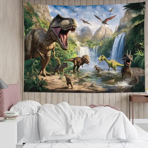 Miniatura 20 de HVEST Tapiz de dinosaurio salvaje y antiguo depredador para colgar en la pared, bosque tropical con árboles verdes y montañas, tapices de pared