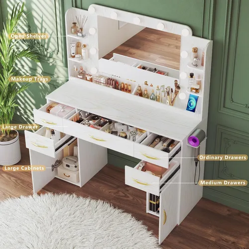 Miniatura 6 de Escritorio de tocador de 45.5 pulgadas con espejo y luces, tocador de maquillaje con luces, 3 ajustes de modelos y toma de corriente, escritorio