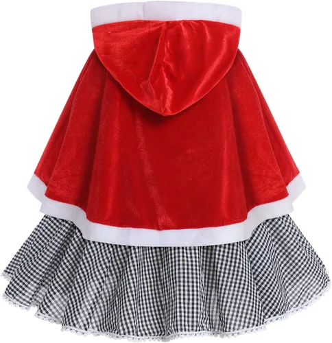 Miniatura 15 de IDOPIP Vestido de fiesta de Navidad para mujeres y niñas, vestido de tutú a cuadros rojos con capa con capucha, disfraz familiar a juego
