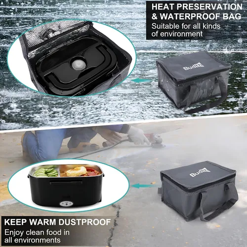 Miniatura 7 de Lonchera eléctrica, calentador de alimentos portátil para automóvil, camión, oficina, adaptador de 12 V, 24 V, 110 V, a prueba de fugas, recipiente