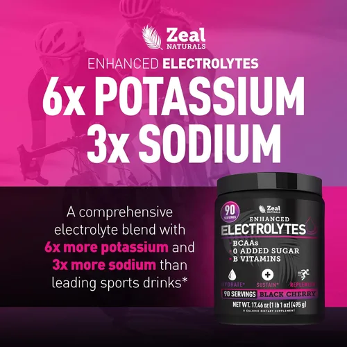 Miniatura 3 de Zeal Naturals Bebida de recuperación de electrolitos en polvo (90 porciones Cereza negra) con 0 azúcar+BCAA +Vitaminas B Suplemento