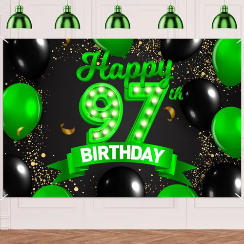 Miniatura 27 de Cartel de feliz cumpleaños 26 verde y negro, telón de fondo con texto en inglés "Cheers to 26 years old confeti", globos de confeti, decoración