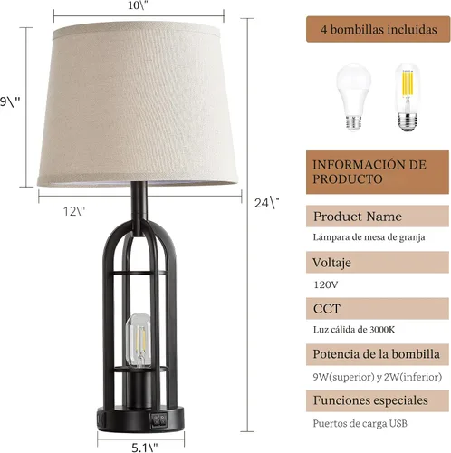 Miniatura 6 de SRJJA Juego de 2 lámparas de mesa negras para sala de estar, lámparas de granja para mesitas de noche con USB A+C, lámparas de noche