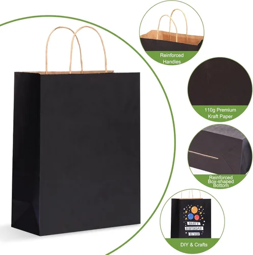Miniatura 3 de OUTUXED 100 bolsas de papel negro de 10 x 5 x 13 pulgadas, bolsas de regalo de papel kraft grandes con asas a granel para negocios, compras
