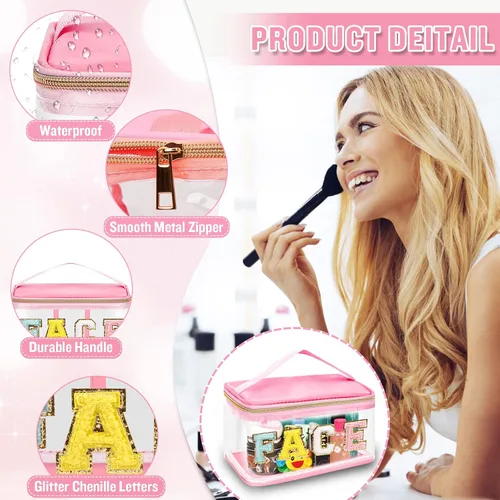 Miniatura 3 de izuzta Bolsas de maquillaje transparentes con letras de chenilla, bolsa de maquillaje de parche preppy con asa