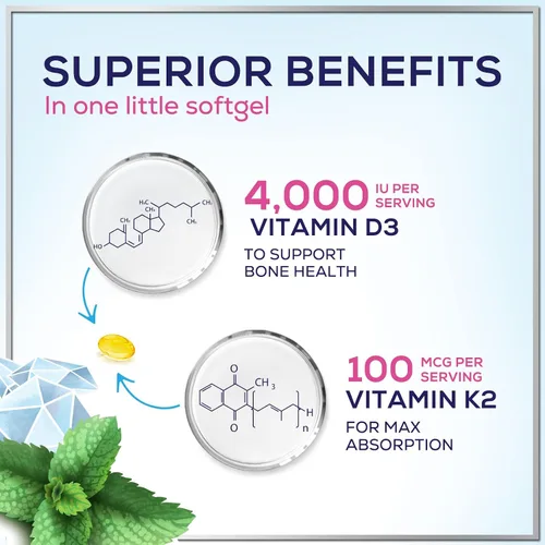 Miniatura 7 de Vitamina D con K2 (MK-7) – Vitamina D3 4000IU (125 mcg) por porción – Suplemento complejo D3K2 para huesos, dientes, músculos, absorción de calcio