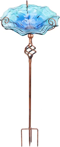 Miniatura 11 de VCUTEKA Comedero y bebedero de cristal para pájaros, para exteriores, baño de pájaros con estaca de metal, decoración de jardín Azul-2