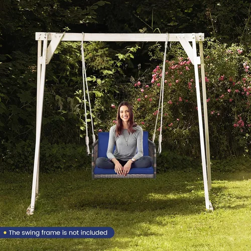 Miniatura 4 de HAPPYGRILL Silla de columpio para porche, asiento colgante tejido de ratán con cuerdas para colgar, ganchos de cojines, banco colgante de mimbre