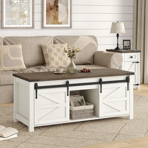 Miniatura 3 de Furnihold Mesa auxiliar de 47.3 pulgadas con almacenamiento, mesa de centro de madera de granja con parte superior elevable, puertas corredizas