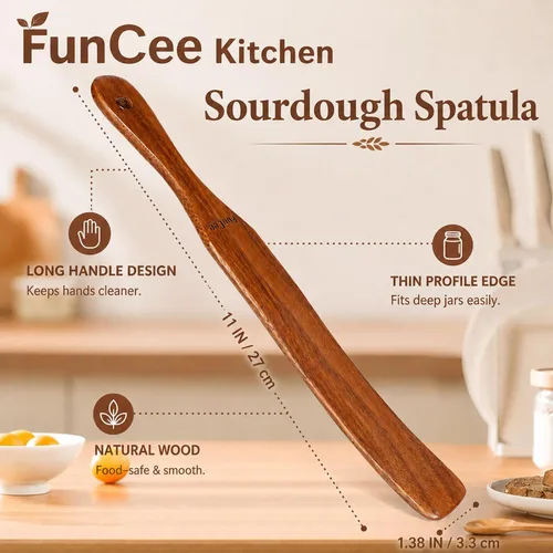 Miniatura 5 de Paquete de 2 Spurtle de madera para masa madre, mezcla, alcanzar el fondo del frasco, batidor de masa, espátula de frasco de mango largo