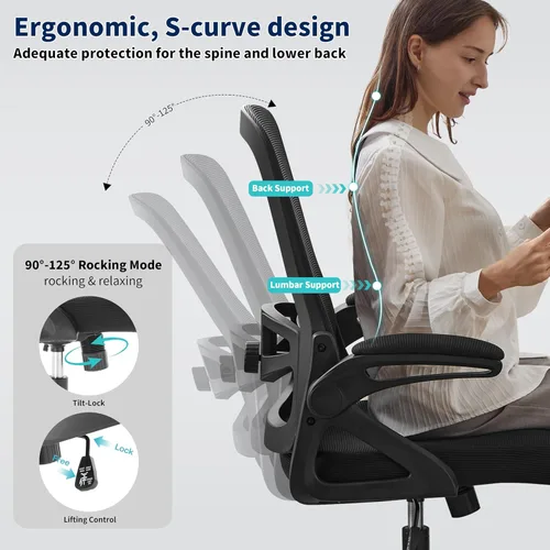 Miniatura 6 de Silla de oficina ergonómica, silla de escritorio con soporte lumbar ajustable, sillas de computadora cómodas de malla transpirable con reposabrazos