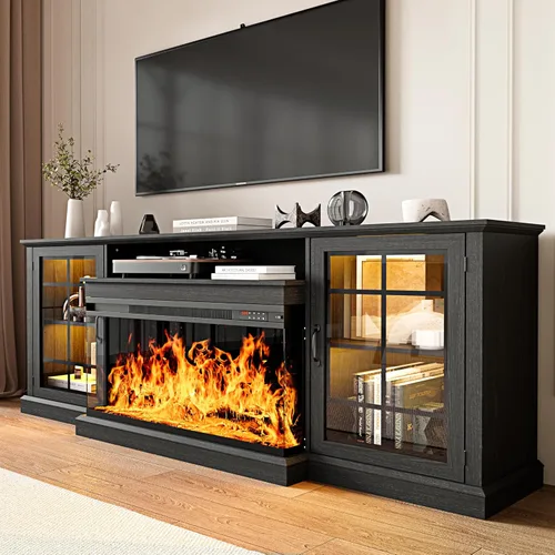 Miniatura 10 de MXV - Soporte de chimenea para TV de 59 pulgadas, centro de entretenimiento estilo granja con soporte de TV de 3 lados de vidrio, consola multimedia