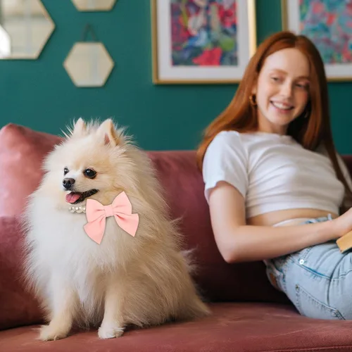 Miniatura 5 de LEIFIDE Collar de perlas para perro, joyería con colgante de lazo rosa, collares de perlas elegantes, collar ajustable para perros y gatos, collar