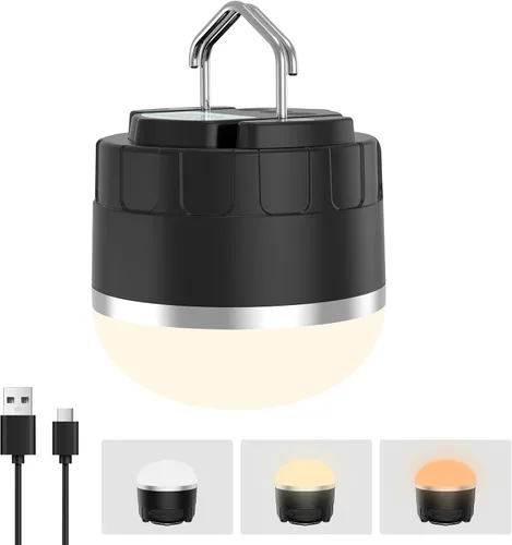 TOHETO - Linterna LED recargable de 1000 lúmenes, lámpara colgante portátil para tienda de campaña con 3 colores cambiantes, base magnética, luz