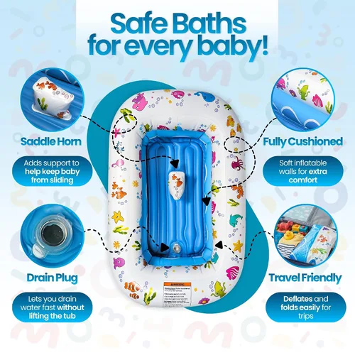 Miniatura 10 de Mommy's Helper Bañera inflable bajo el mar, bañera plegable y segura para bebé con asiento antideslizante de cuerno de sillín para niños, baño