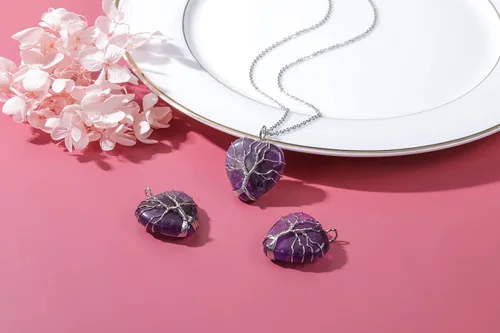 Miniatura 8 de Top Plaza - Collar de cuarzo rosa natural curativo con árbol de la vida envuelto en alambre de plata con forma de corazón colgante para mujeres