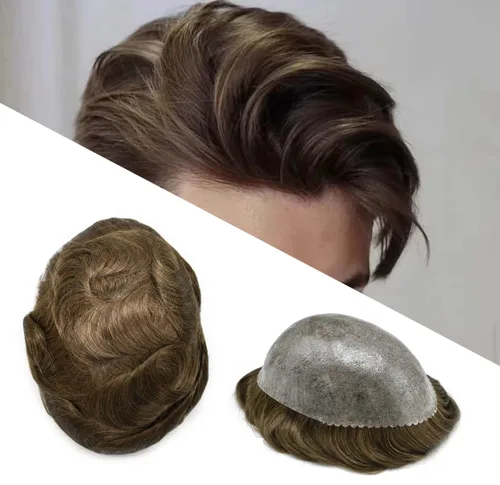 Miniatura 16 de Toupee para hombres Sistema de reemplazo de cabello humano Full Poly Mens Toupee Hairpiece inyectado PU peluca para hombre sistemas de cabello 1B#