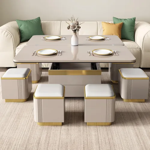 Miniatura 3 de Guyii Mesa de centro elevable con taburetes de almacenamiento, mesa central 3 en 1, altura ajustable, mesa plegable para sala de estar, ahorro