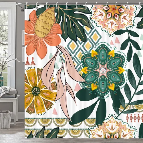 Torich Cortina de ducha floral bohemia, abstracta de mediados de siglo, decoración bohemia, cortinas de baño, flores botánicas, hojas tropicales,
