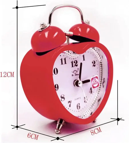 Miniatura 6 de Reloj despertador de plástico con forma de corazón pequeño de 3 pulgadas con forma de corazón duro, silencioso, analógico, de cuarzo, para Rojo