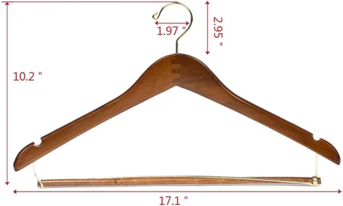 Miniatura 4 de 10 Perchas de Madera Curvadas Quality Hangers Hermosas y Resistentes para Trajes y Abrigos con Barra de Bloqueo Ganchos Dorados Acabado de Nogal (10)