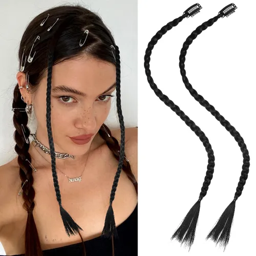 Miniatura 5 de KALLORY 4 extensiones de cabello trenzado con clip, largo frontal y flequillo, 19.68 pulgadas, trenzas sintéticas para mujeres y niñas